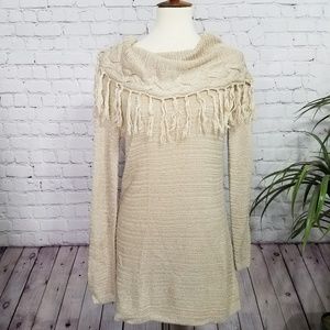 [New York & Co] Cowl Neck Fringe Cream Sweater | M